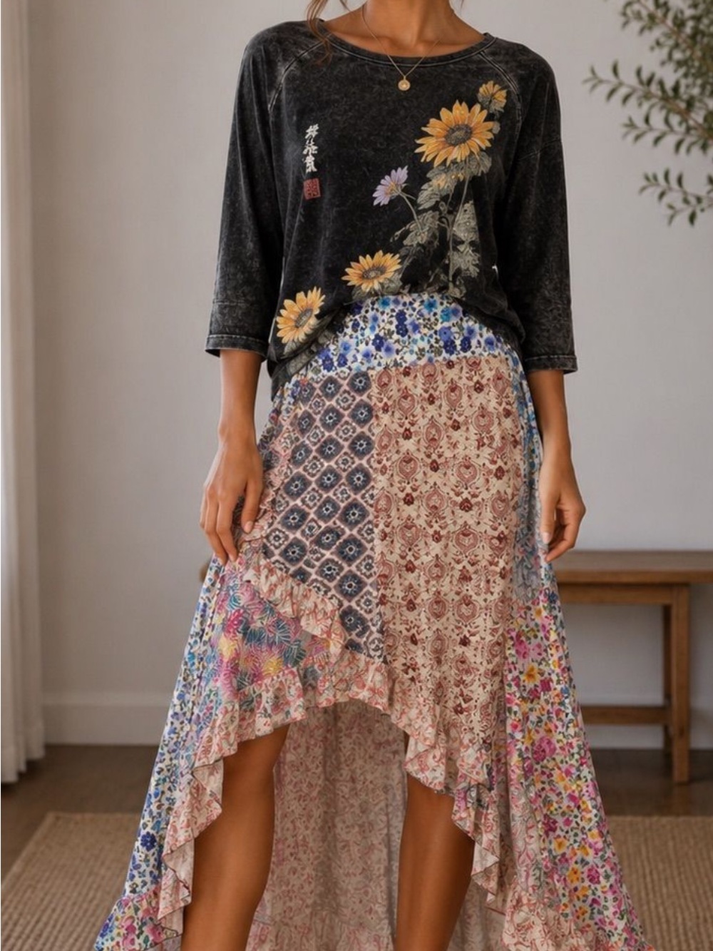 Jaded Gypsy Patchwork High-Low Maxi Skirt - Multicolor